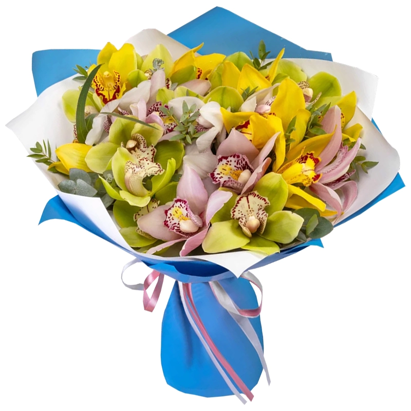 Букет из 25 разноцветных орхидей